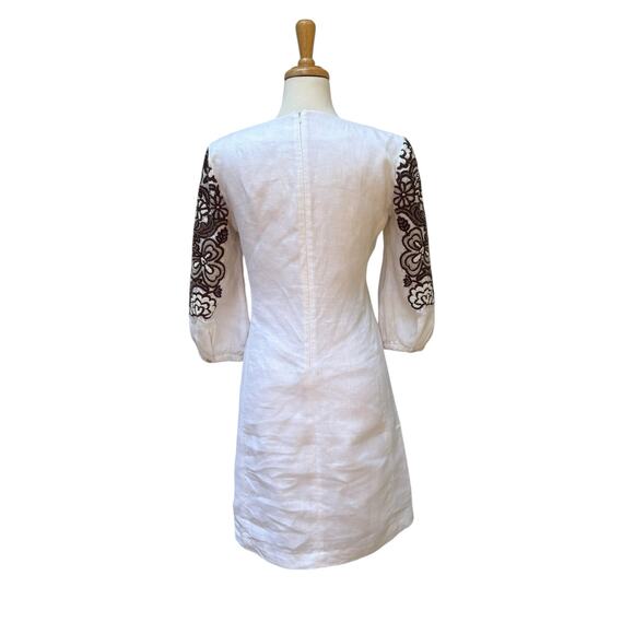 Tory Burch Beaded Mini Dress Tunic Sz 4 White Linen Brown Floral Embellished - Picture 5 of 16